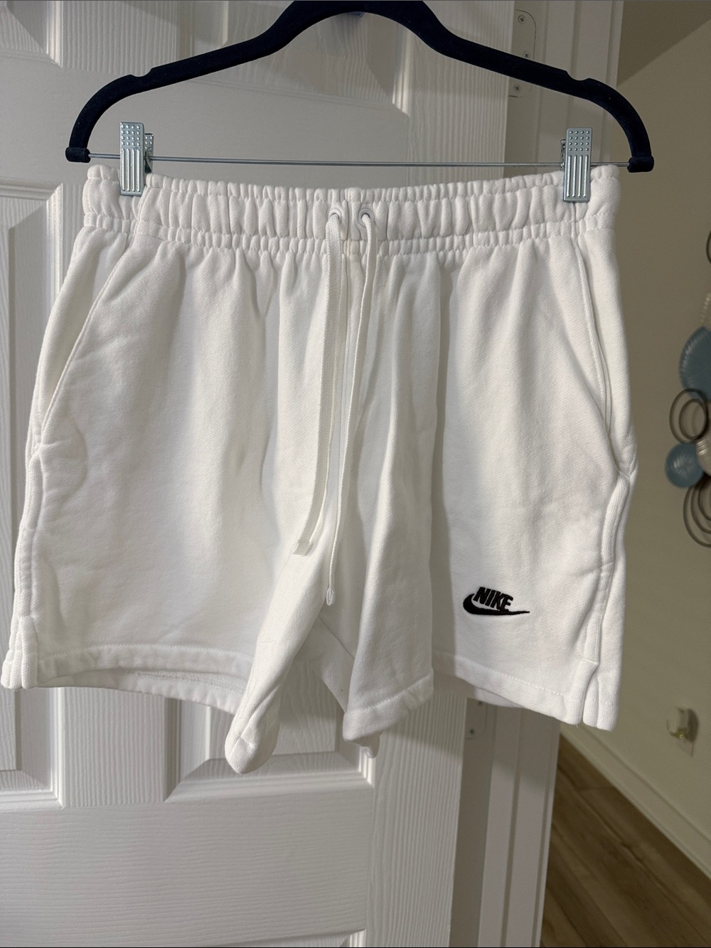 Nike White Fleece Drawstring Athletic Shorts with Black Logo